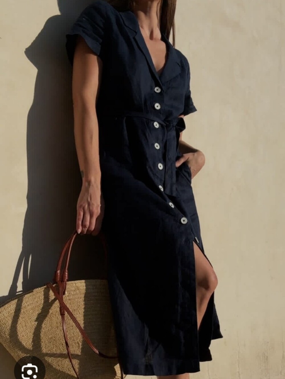 Quince European Linen Midi Dress Tie Waist, Buttons, Black, Size XS